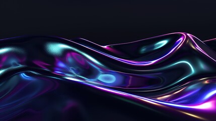 An abstract fluid 3D render showcases a captivating holographic, iridescent neon curved wave gracefully in motion against a sleek black background. The dynamic and vibrant nature of the wave, with 