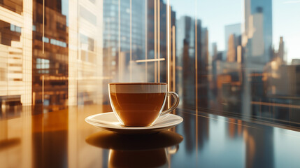 Morning coffee for business traders amid stock market trends with double exposure of candlestick chart