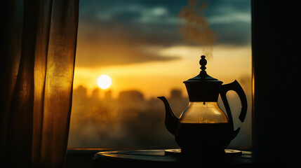 Morning coffee ritual for investors double exposure of stock market trends with candlestick charts