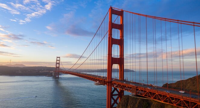 Golden Gate Bridge in San Francisco, USA, at sunset. Cars travel across the iconic suspension bridge, connecting the city to Marin County. A popular landmark.