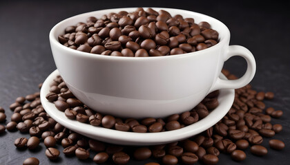 Fototapeta premium A white coffee cup brimming with freshly roasted coffee beans, ready for a rich aroma.