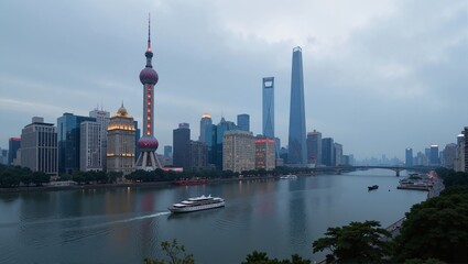 Naklejka premium Modern River Skyline in China Shanghai, panoramic view across river, warm sunset glow. Concept of Modern River Skyline in China Shanghai landscape, tranquility of city. 