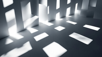 Abstract geometric shadows and light patterns on a wall and floor in minimal architectural space
