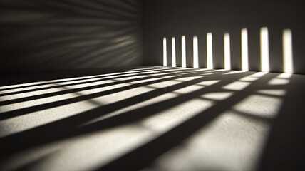Diagonal and horizontal light shadows on concrete floor creating abstract minimalist composition in moody lighting