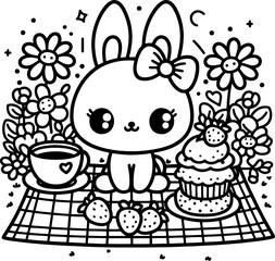 Bunny Picnic in the Meadow. Coloring Book Page. Cartoon Illustration.