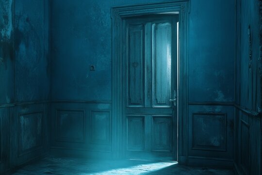 Dimly lit, aged room with an open door, revealing light