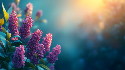Fototapeta premium Vibrant purple lilac blossoms in soft sunlight.