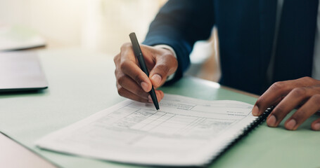 Business person, hands and writing with documents for corporate finance, application or audit at...