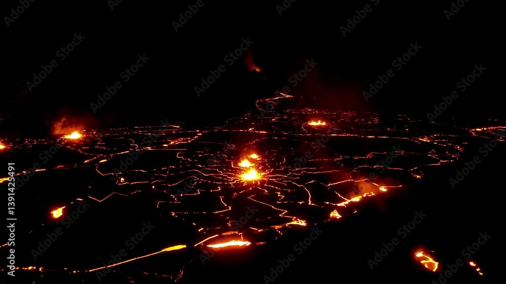 Poster multiple lava eruptions light up the volcanic field, with glowing fissures and molten flow patterns 
