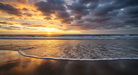 Obraz premium Ocean Horizon at Sunset with Moody Clouds and Gentle Foam