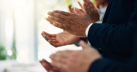 Clapping hands, celebration and business people in office with goal, achievement or success....