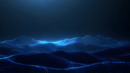 Abstract blue digital landscape with glowing hills and particles.