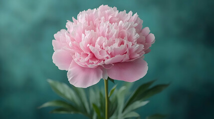 Fototapeta premium Close-up of a single, light pink peony flower against a teal background.