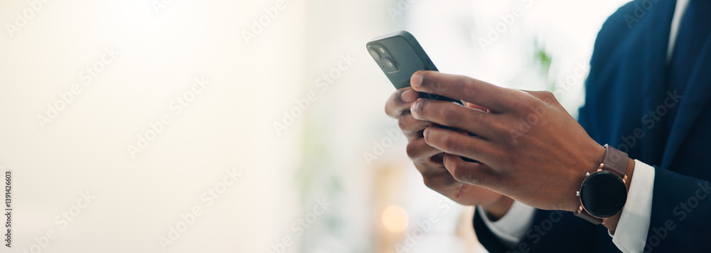 Poster hands, businessman and texting with phone in office of communication, schedule update and accountant