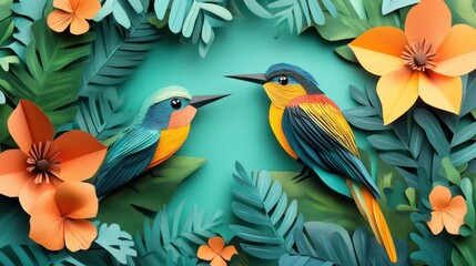 Whimsical avian interaction with tropical foliage in a papercraft fantasy scene