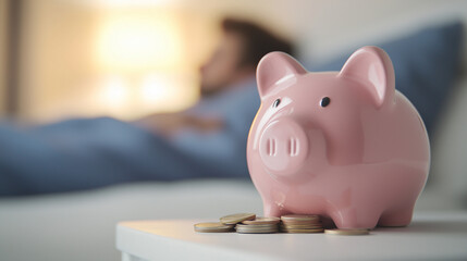 Piggy Bank and Sleep: A serene moment captured a pink piggy bank alongside a coin pile, with a person sleeping in the bed. This image evokes feeling of financial security and future plan