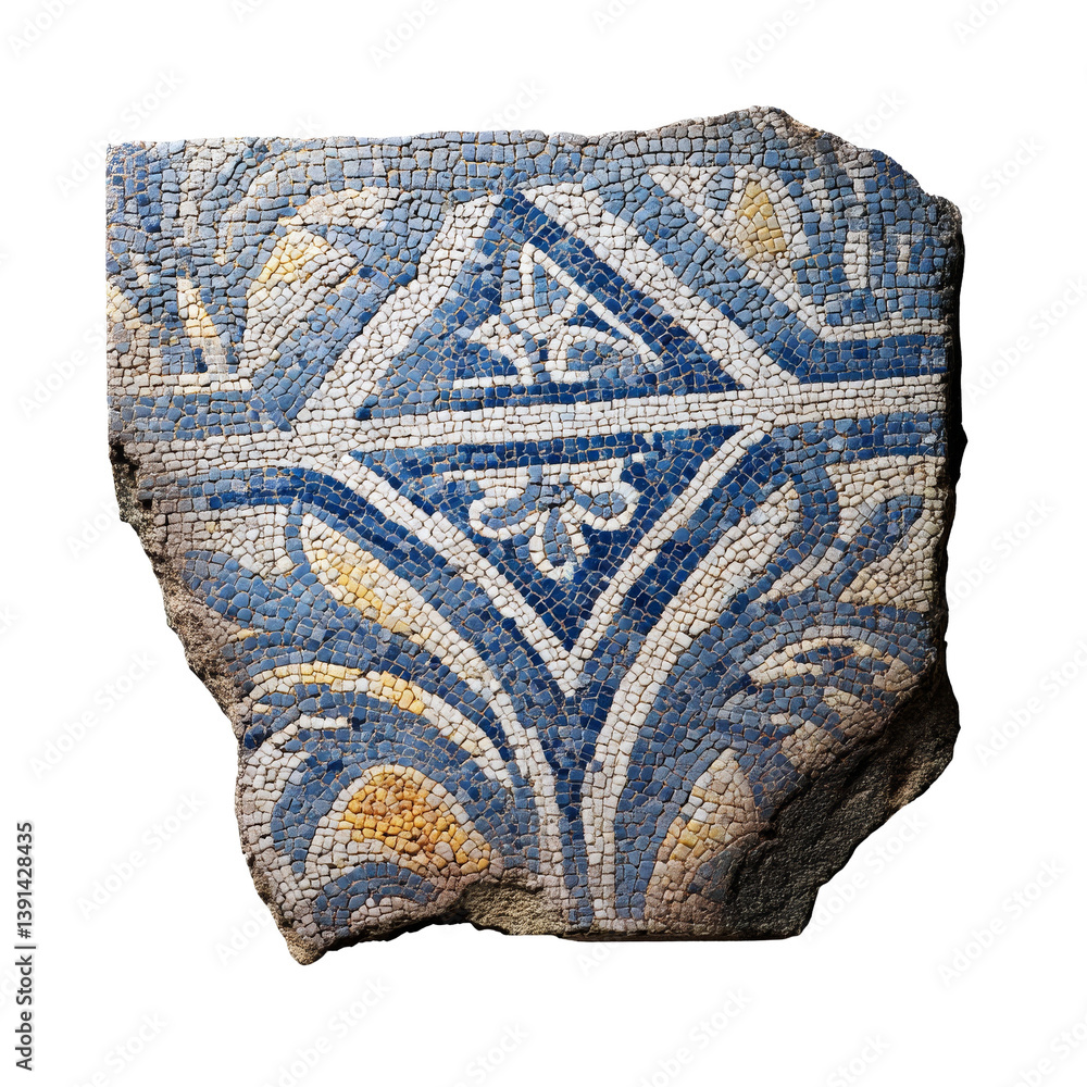 Poster ancient mosaic fragment showcasing intricate blue and gold patterns. transparent background