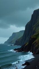 Northern Irish Coastal Rainfall showcases rocky coastline with deep blue-green water and crashing waves. Concept of Northern Irish Coastal Rainfall evokes drama in landscape.