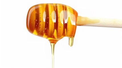 Honey is seen gracefully dripping from a dipper, isolated on a clean white background, a creation of generative AI. The golden, viscous texture of the honey is clearly visible as it cascades down,