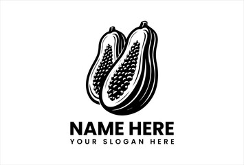 Monochrome Papayas with Leaves and Flower Illustration. Minimalist Tropical Art.