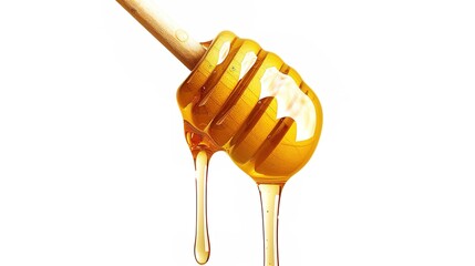 Honey is seen gracefully dripping from a dipper, isolated on a clean white background, a creation of generative AI. The golden, viscous texture of the honey is clearly visible as it cascades down,