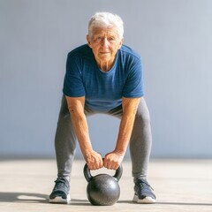 A determined elderly person lifts a kettlebell, showcasing strength and vitality in a fitness routine.