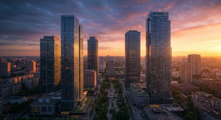 Obraz premium High Rise office Modern building office low angle view of skyscrapers in city wallpaper background