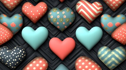 Colorful patterned hearts on dark chevron background.