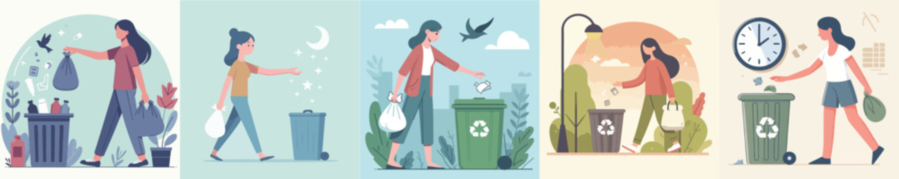 vector set of women throwing rubbish