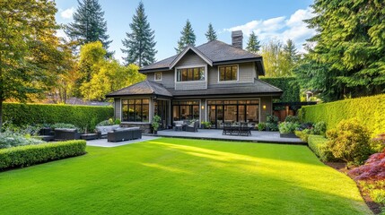 Obraz premium Luxury home backyard with manicured lawn, patio furniture, and lush trees. Ideal image for real estate, landscaping, and luxury lifestyle designs.