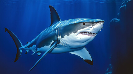 Fototapeta premium Sleek megalodon glides through deep waters, contrasting with a bulky silhouette in the background, embodying elegance and power.