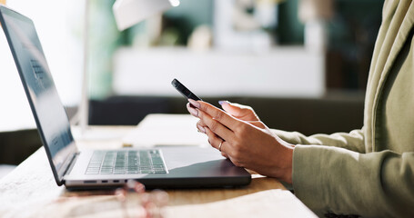 Laptop, employee and typing in office, smartphone and copywriter with article for website, hands and chat. Business, person and communication with contact for ad campaign, copywriting and marketing