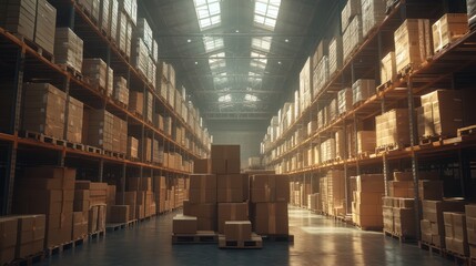 Vast interior warehouse with towering racks filled with stacked boxes and pallets