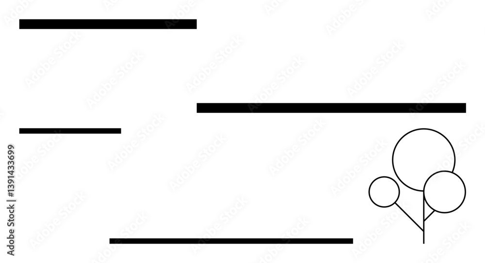 Poster horizontal black lines of varying lengths paired with abstract tree shapes. ideal for modern design,