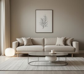 A cozy living room featuring soft beige walls that create a warm ambiance, complemented by stylish white furniture, including a plush sofa, elegant coffee table, and decorative cushions.