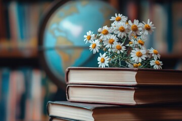 A beautiful arrangement of flowers rests atop a stack of books