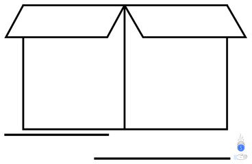 Open box with two lid flaps pointing outward, represented in simple black lines. Ideal for storage, delivery, packaging, shipping, organization, creativity exploration. Flat simple metaphor