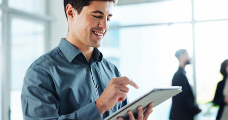 Office, reading and business man on tablet for online planning, project research and strategy....