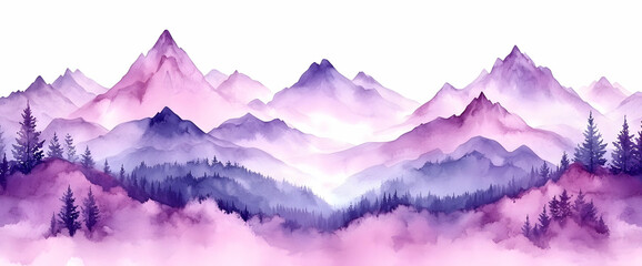 Purple misty mountain range watercolor landscape.