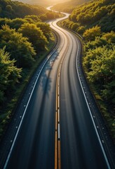 Fototapeta premium A winding, long road stretches into the distance, flanked by lush green trees and vibrant bushes on either side, creating a serene and inviting atmosphere for travelers.