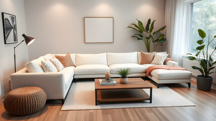 Minimalist living room with white sofa, pillows and plants.