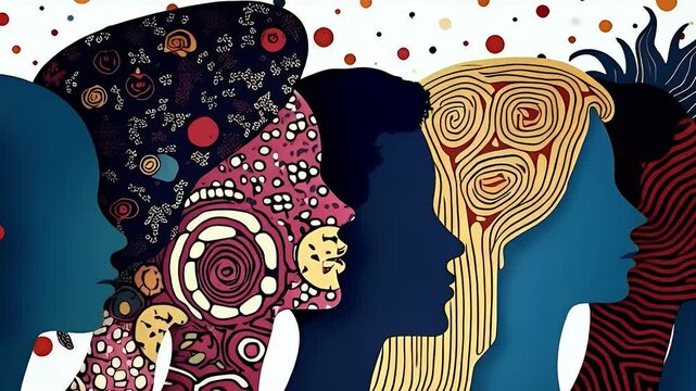 Silhouettes of diverse human heads filled with different abstract patterns, symbolizing individuality, mental processing styles, and neurocognitive differences.