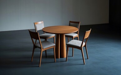 A round wooden table surrounded by four chairs with gray cushions in a studio setting