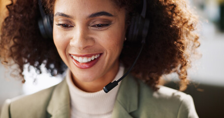 Smile, woman and mic with headset at call centre for customer service, contact us and consultant...