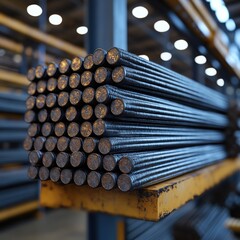 Naklejka premium Steel Rebar Stacked in Warehouse