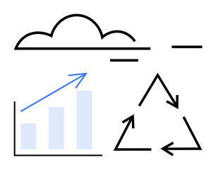 Cloud shape above a rising bar graph and cycling arrows forming a triangle. Ideal for sustainability, cloud computing, data growth, eco-friendliness, modern technology, resource optimization, flat