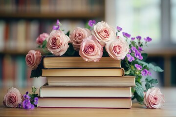 A beautiful floral display sitting atop a stack of books
