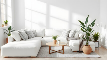 Minimalist living room with white sofa, pillows and plants.