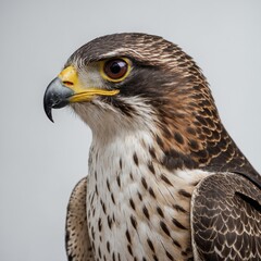 Falcon resting with its wings partially open, white background



