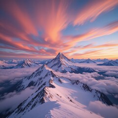 A breathtaking mountain range features majestic snow-capped peaks glistening under the sun, surrounded by fluffy white clouds drifting lazily across a bright blue sky.